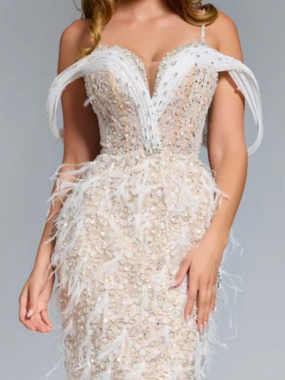 Jovani 44848 Spaghetti Straps Feathered Cold Shoulder Prom Dress White size 8 - Picture 3 of 7
